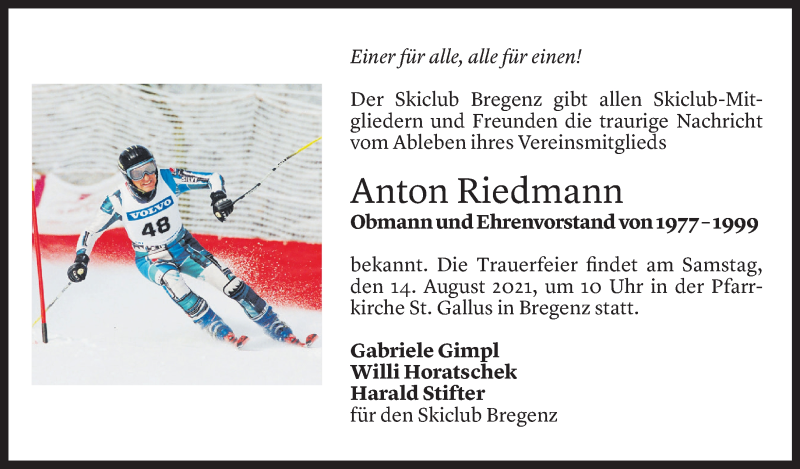  Todesanzeige für Anton Riedmann vom 12.08.2021 aus Vorarlberger Nachrichten