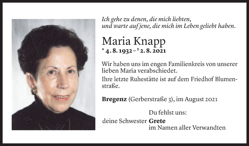  Todesanzeige für Maria Knapp vom 07.08.2021 aus Vorarlberger Nachrichten