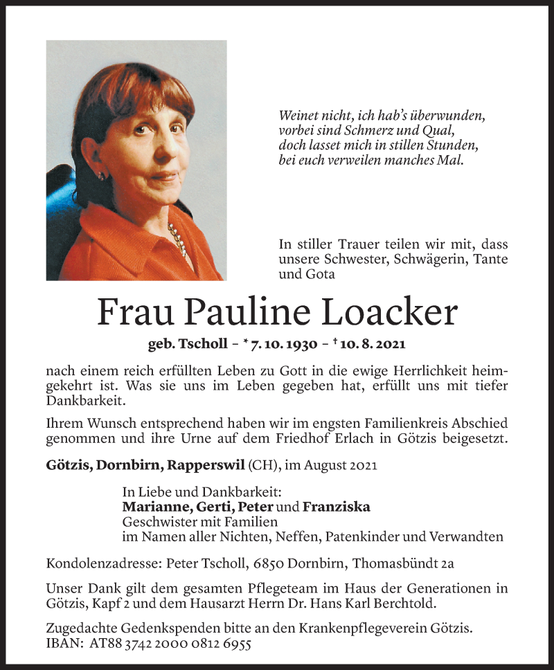  Todesanzeige für Pauline Loacker vom 16.08.2021 aus Vorarlberger Nachrichten