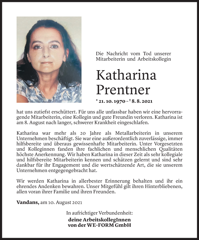  Todesanzeige für Katharina Prentner vom 10.08.2021 aus Vorarlberger Nachrichten