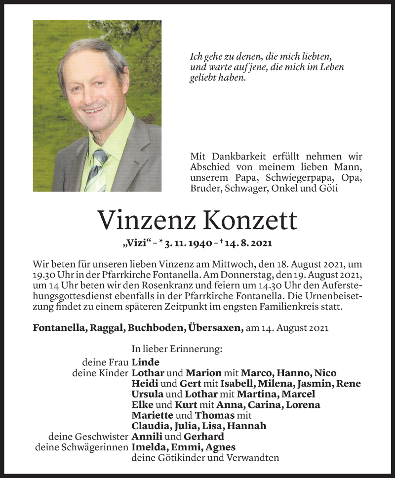  Todesanzeige für Vinzenz Konzett vom 16.08.2021 aus Vorarlberger Nachrichten