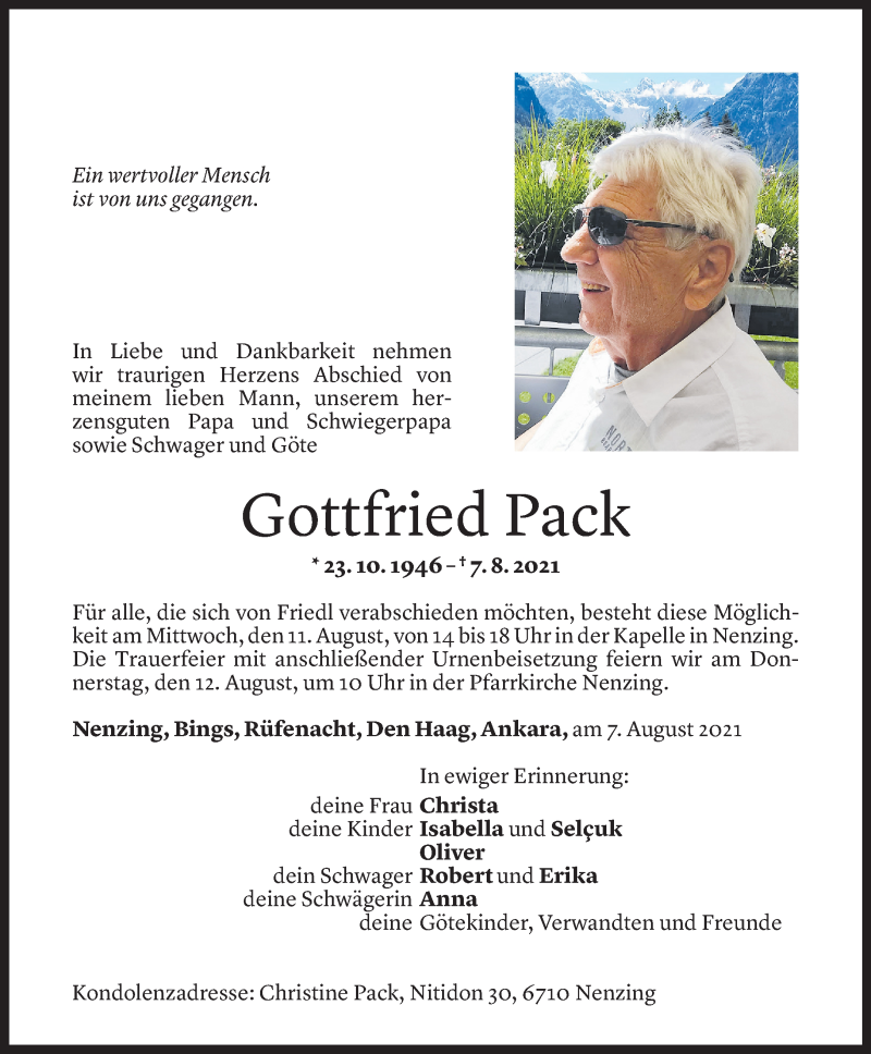  Todesanzeige für Gottfried Pack vom 09.08.2021 aus Vorarlberger Nachrichten