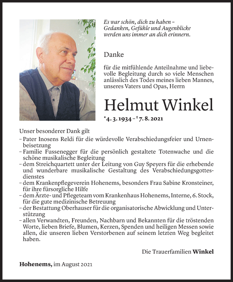  Todesanzeige für Helmut Winkel vom 26.08.2021 aus Vorarlberger Nachrichten