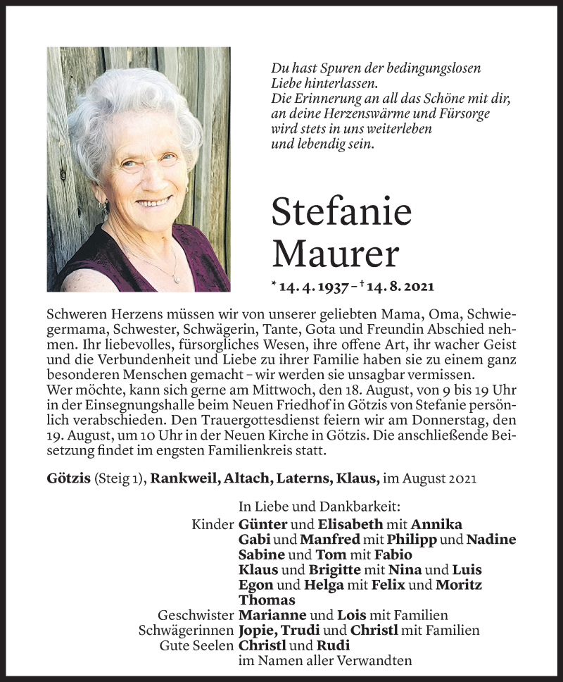  Todesanzeige für Stefanie Maurer vom 16.08.2021 aus Vorarlberger Nachrichten