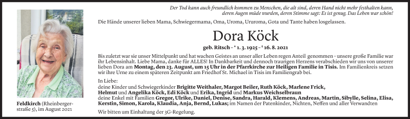  Todesanzeige für Dora Köck vom 20.08.2021 aus Vorarlberger Nachrichten