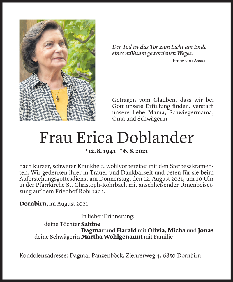  Todesanzeige für Erica Doblander vom 09.08.2021 aus Vorarlberger Nachrichten