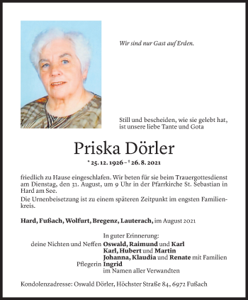 Todesanzeige von Priska Dörler von Vorarlberger Nachrichten
