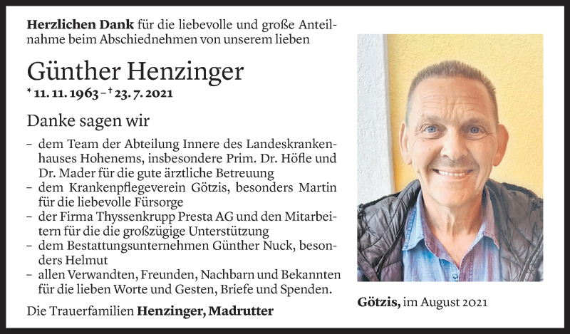  Todesanzeige für Günther Henzinger vom 10.08.2021 aus Vorarlberger Nachrichten