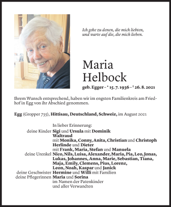 Todesanzeige von Maria Helbock von Vorarlberger Nachrichten