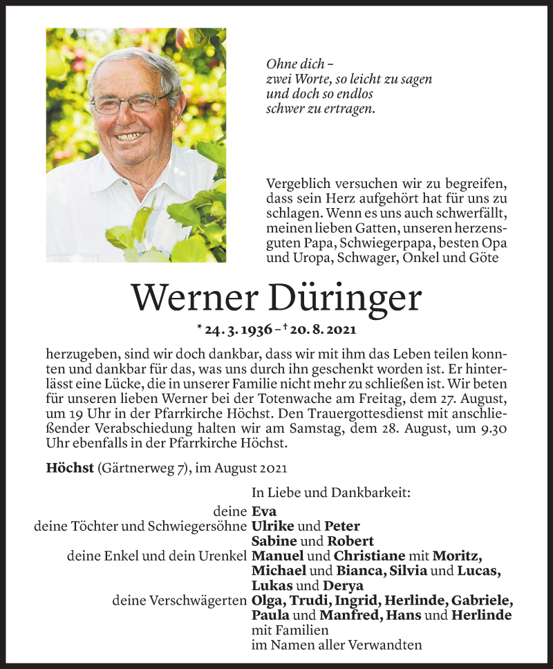  Todesanzeige für Werner Düringer vom 24.08.2021 aus Vorarlberger Nachrichten