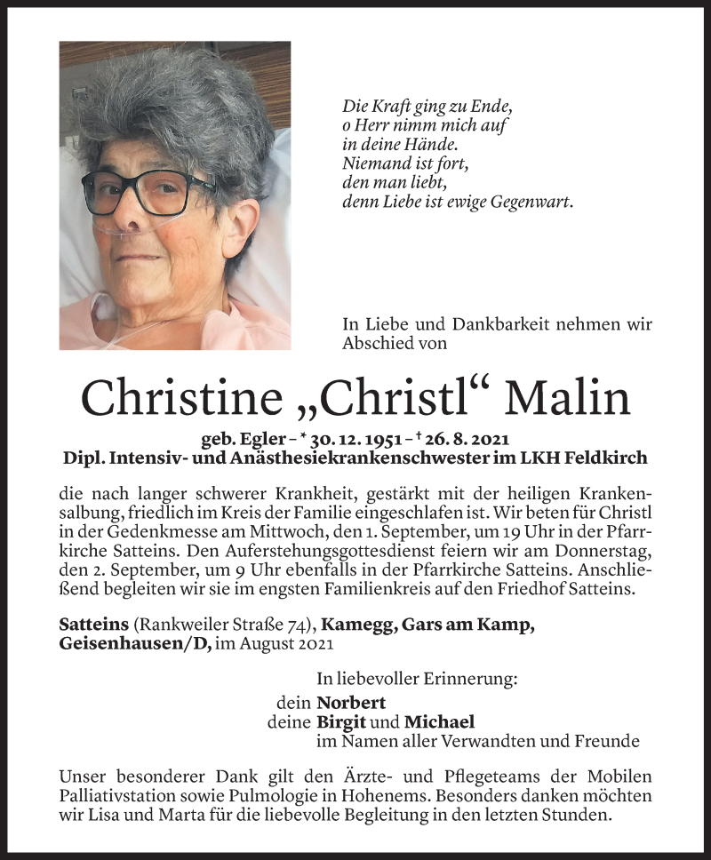  Todesanzeige für Christine Malin vom 27.08.2021 aus Vorarlberger Nachrichten