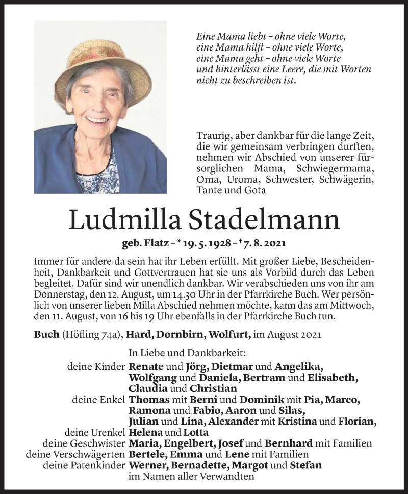  Todesanzeige für Ludmilla Stadelmann vom 09.08.2021 aus Vorarlberger Nachrichten