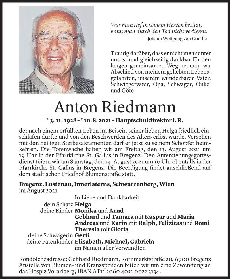  Todesanzeige für Anton Riedmann vom 11.08.2021 aus Vorarlberger Nachrichten