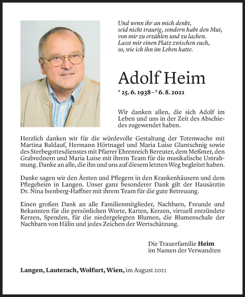  Todesanzeige für Adolf Heim vom 24.08.2021 aus Vorarlberger Nachrichten