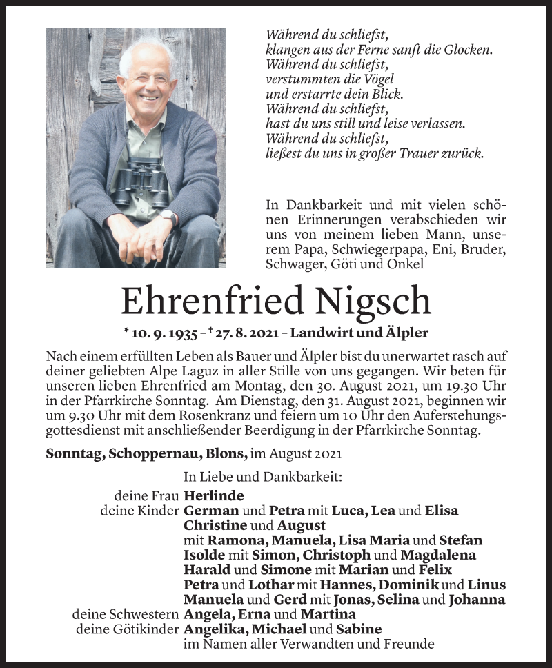  Todesanzeige für Ehrenfried Nigsch vom 29.08.2021 aus Vorarlberger Nachrichten