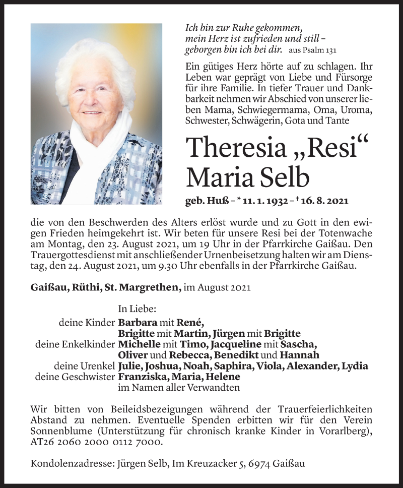  Todesanzeige für Theresia Maria Selb vom 19.08.2021 aus Vorarlberger Nachrichten