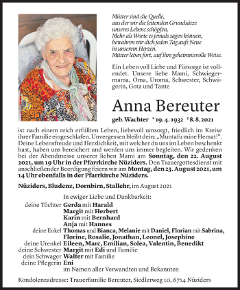 Todesanzeige von Anna Bereuter von Vorarlberger Nachrichten
