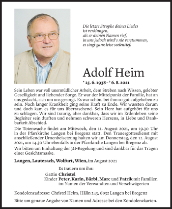 Todesanzeige von Adolf Heim von Vorarlberger Nachrichten