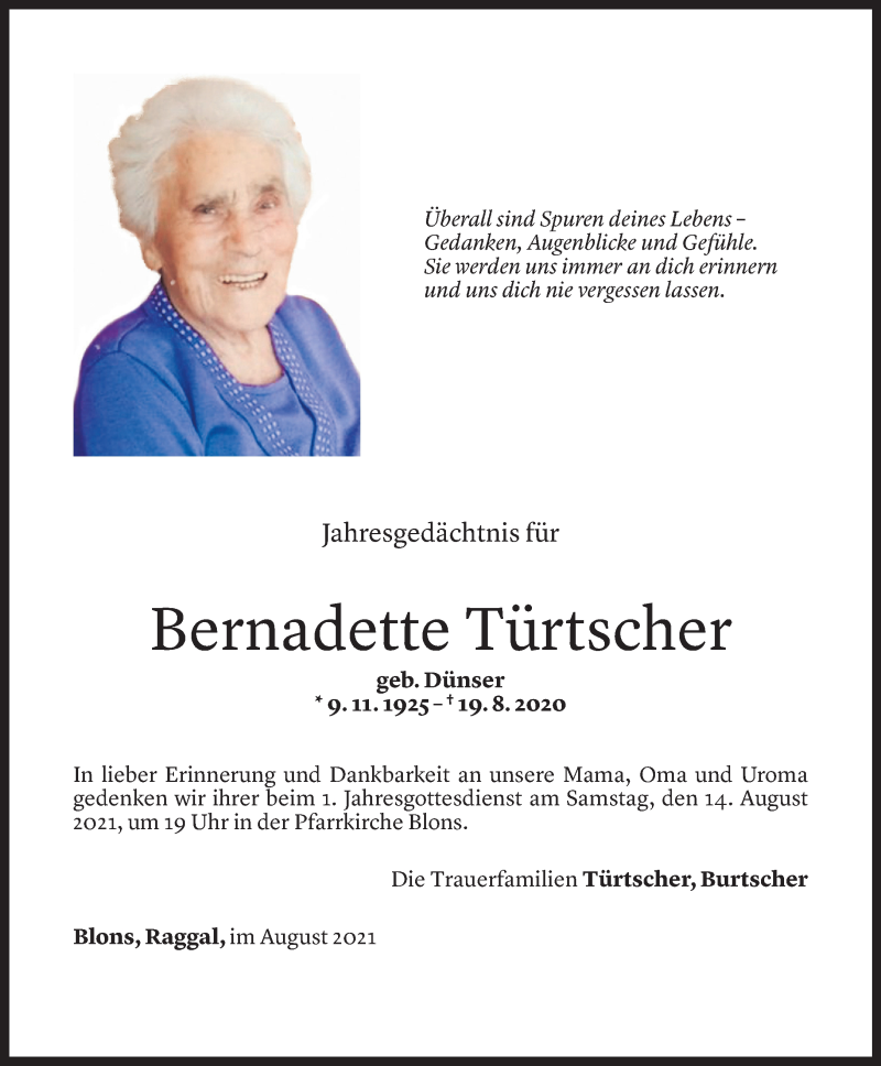  Todesanzeige für Bernadette Türtscher vom 08.08.2021 aus Vorarlberger Nachrichten