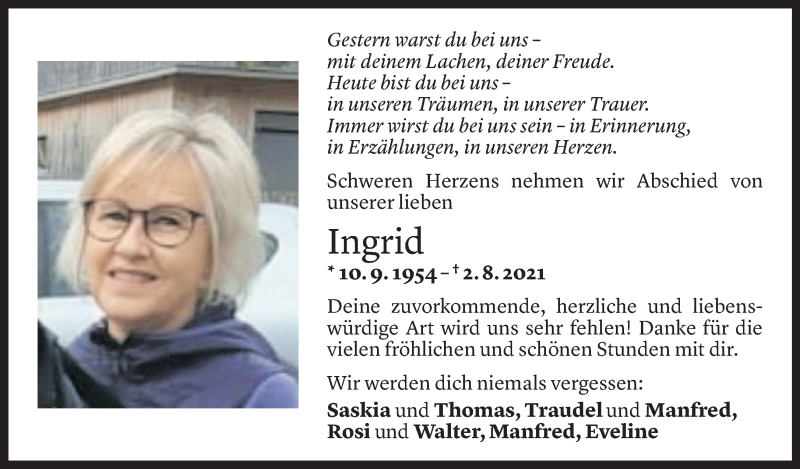  Todesanzeige für Ingrid Wittwer vom 04.08.2021 aus Vorarlberger Nachrichten