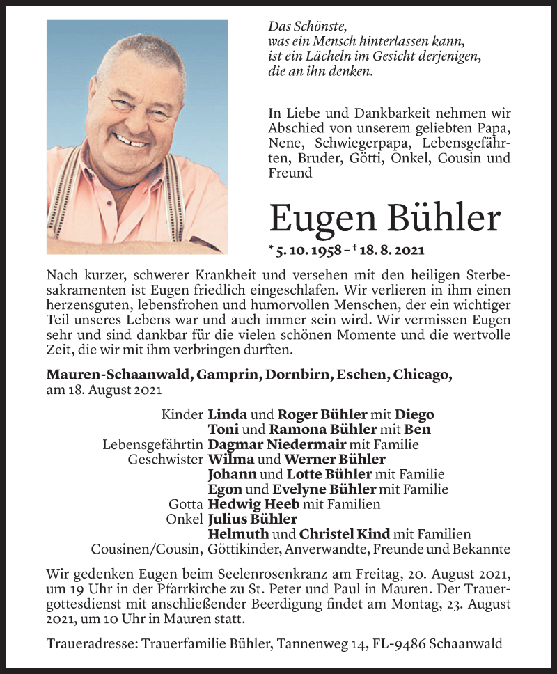  Todesanzeige für Eugen Bühler vom 19.08.2021 aus Vorarlberger Nachrichten