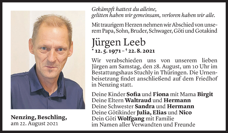  Todesanzeige für Jürgen Leeb vom 26.08.2021 aus Vorarlberger Nachrichten