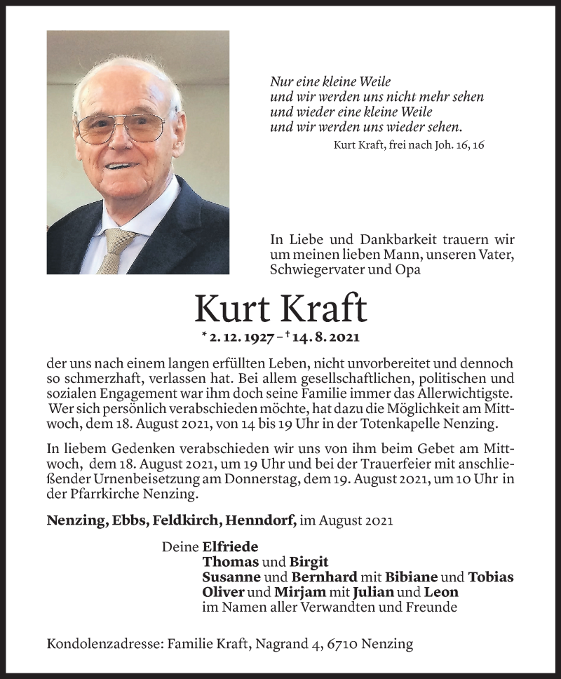 Todesanzeige für Kurt Kraft vom 16.08.2021 aus Vorarlberger Nachrichten