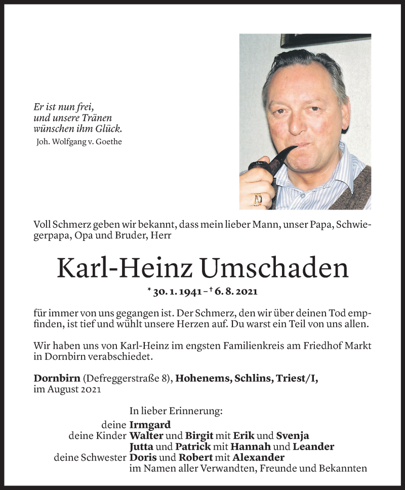  Todesanzeige für Karl-Heinz Umschaden vom 13.08.2021 aus Vorarlberger Nachrichten