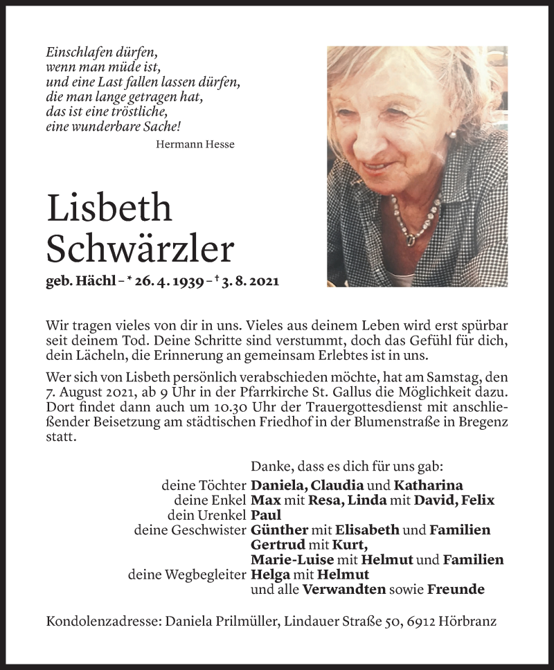  Todesanzeige für Lisbeth Schwärzler vom 04.08.2021 aus Vorarlberger Nachrichten