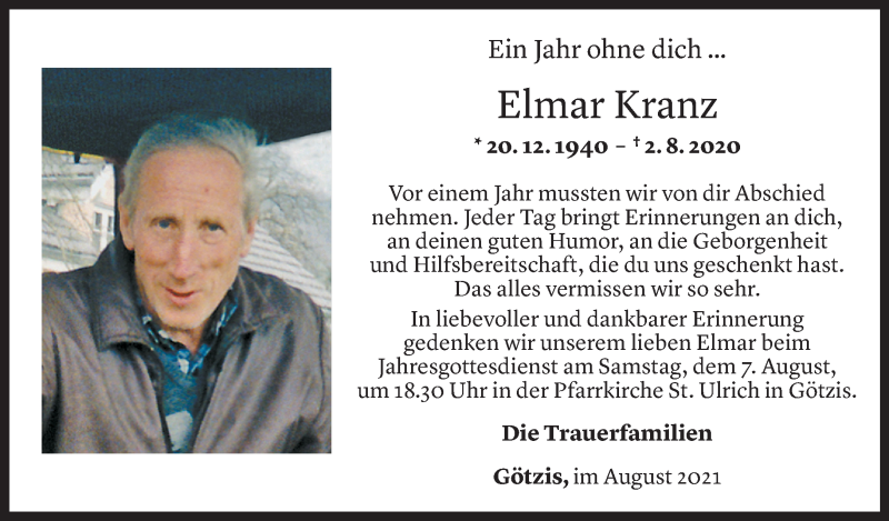  Todesanzeige für Elmar Kranz vom 06.08.2021 aus Vorarlberger Nachrichten