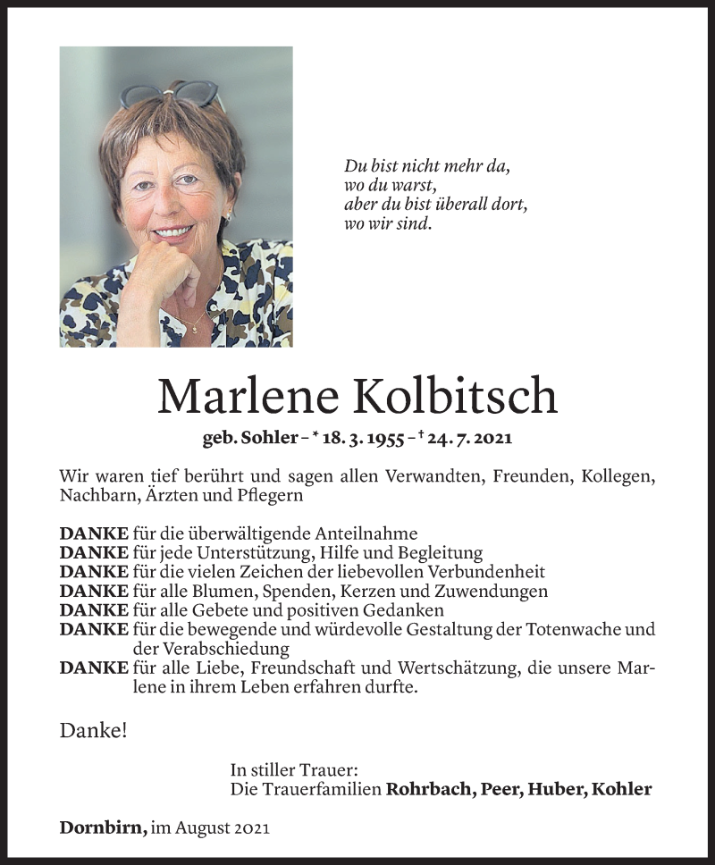  Todesanzeige für Marlene Kolbitsch vom 20.08.2021 aus Vorarlberger Nachrichten
