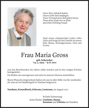 Todesanzeige von Maria Gross von Vorarlberger Nachrichten