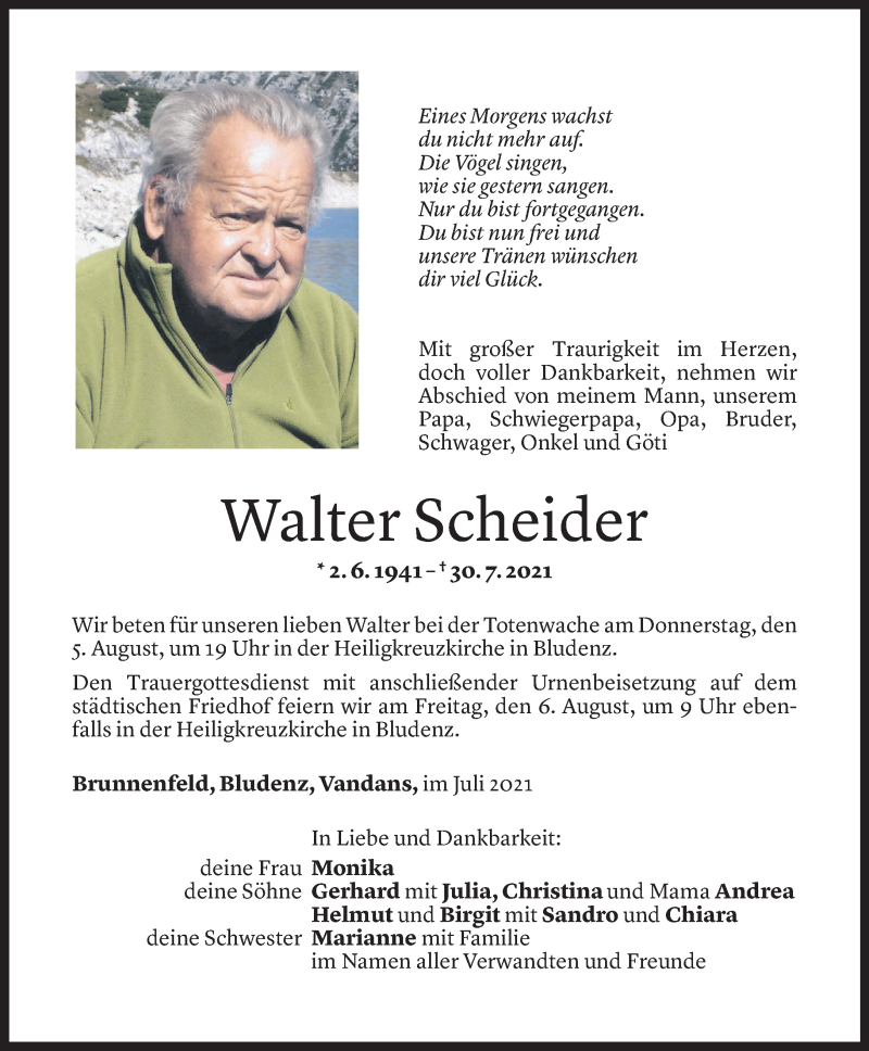  Todesanzeige für Walter Scheider vom 03.08.2021 aus Vorarlberger Nachrichten
