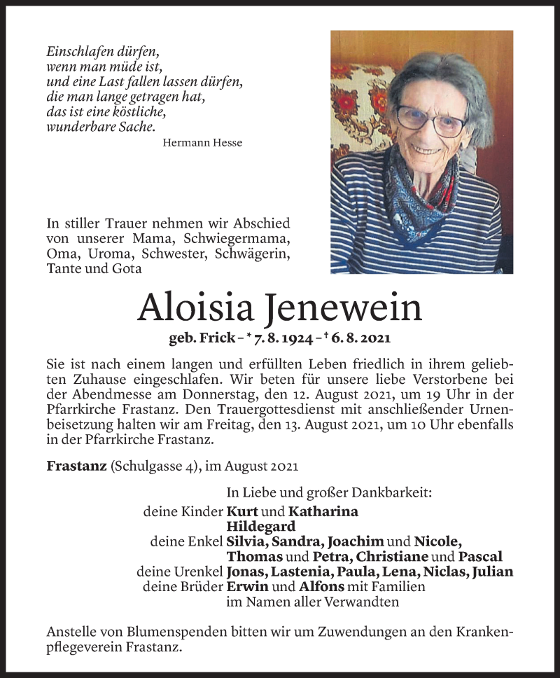  Todesanzeige für Aloisia Jenewein vom 10.08.2021 aus Vorarlberger Nachrichten
