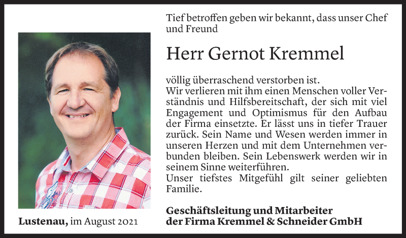  Todesanzeige für Gernot Kremmel vom 24.08.2021 aus Vorarlberger Nachrichten