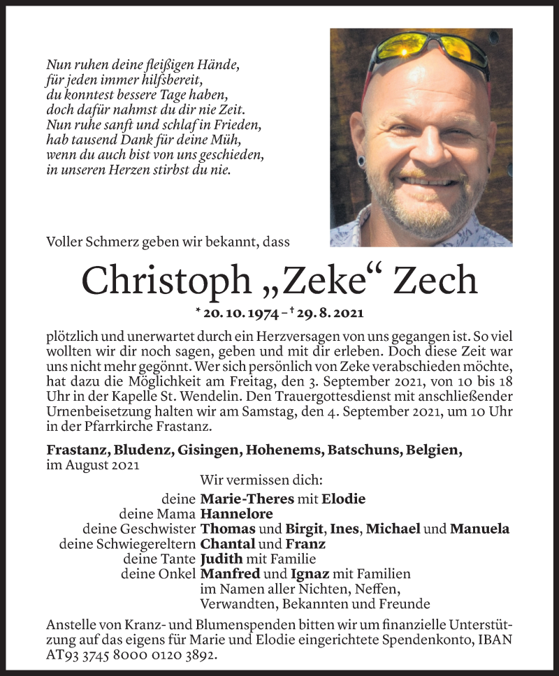  Todesanzeige für Christoph Zech vom 31.08.2021 aus Vorarlberger Nachrichten