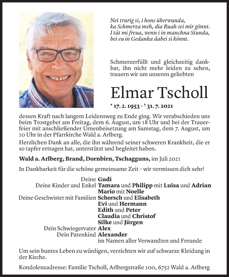  Todesanzeige für Elmar Tscholl vom 03.08.2021 aus Vorarlberger Nachrichten