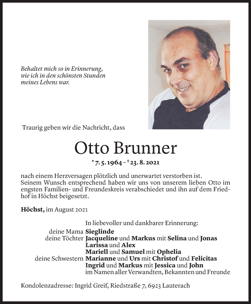  Todesanzeige für Otto Brunner vom 01.09.2021 aus Vorarlberger Nachrichten