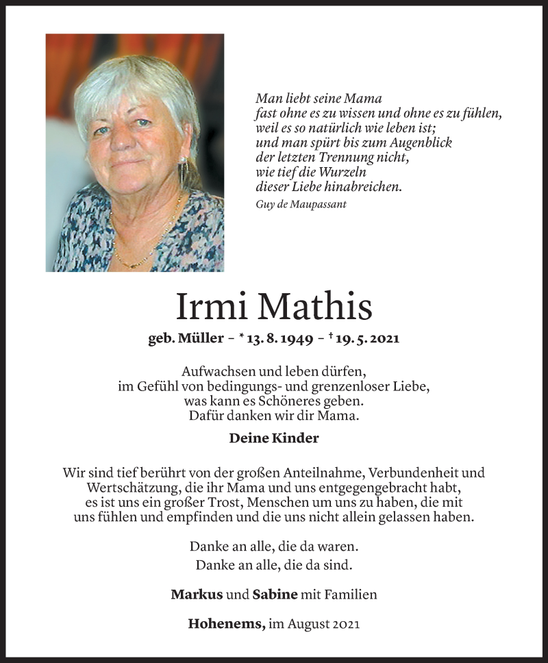  Todesanzeige für Irmi Mathis vom 14.08.2021 aus Vorarlberger Nachrichten