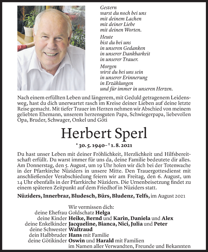  Todesanzeige für Herbert Sperl vom 04.08.2021 aus Vorarlberger Nachrichten