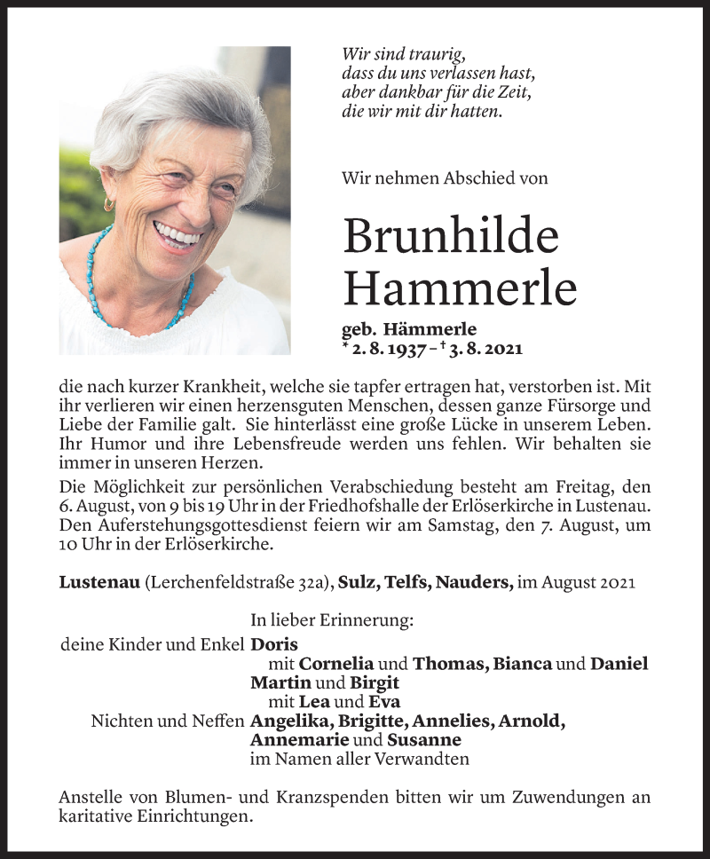  Todesanzeige für Brunhilde Hammerle vom 04.08.2021 aus Vorarlberger Nachrichten