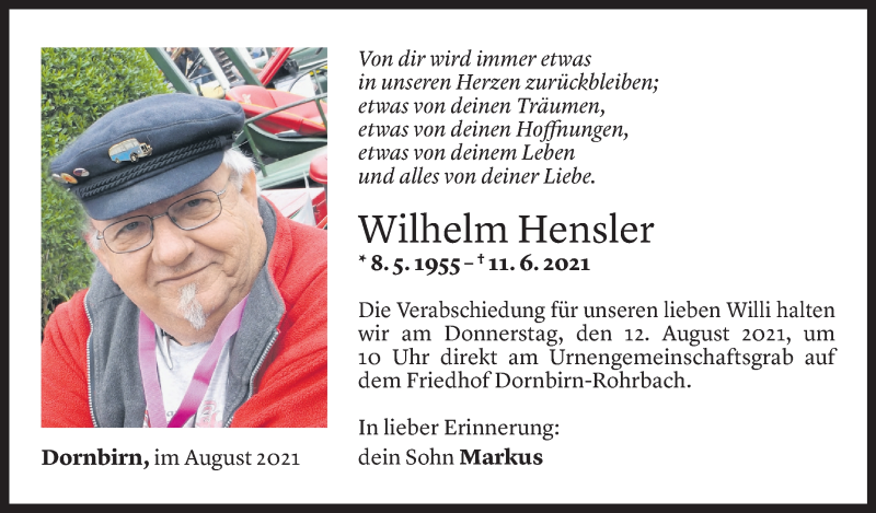  Todesanzeige für Wilhelm Hensler vom 06.08.2021 aus Vorarlberger Nachrichten
