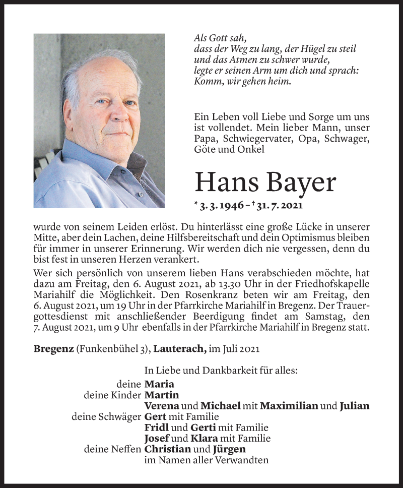  Todesanzeige für Hans Bayer vom 03.08.2021 aus Vorarlberger Nachrichten