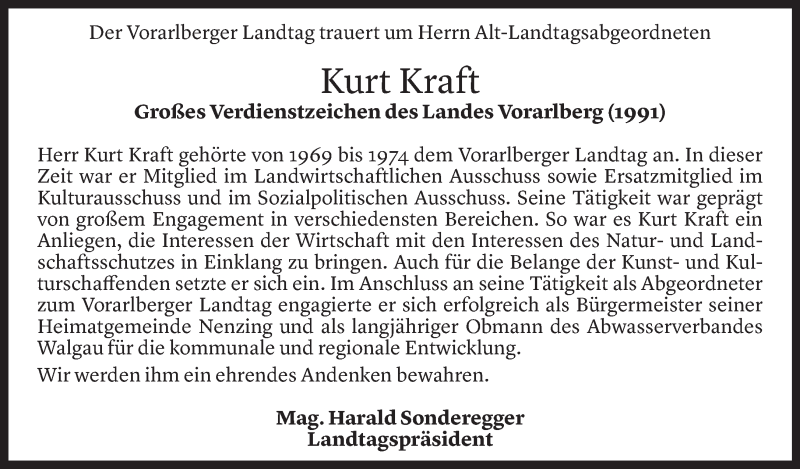  Todesanzeige für Kurt Kraft vom 16.08.2021 aus Vorarlberger Nachrichten