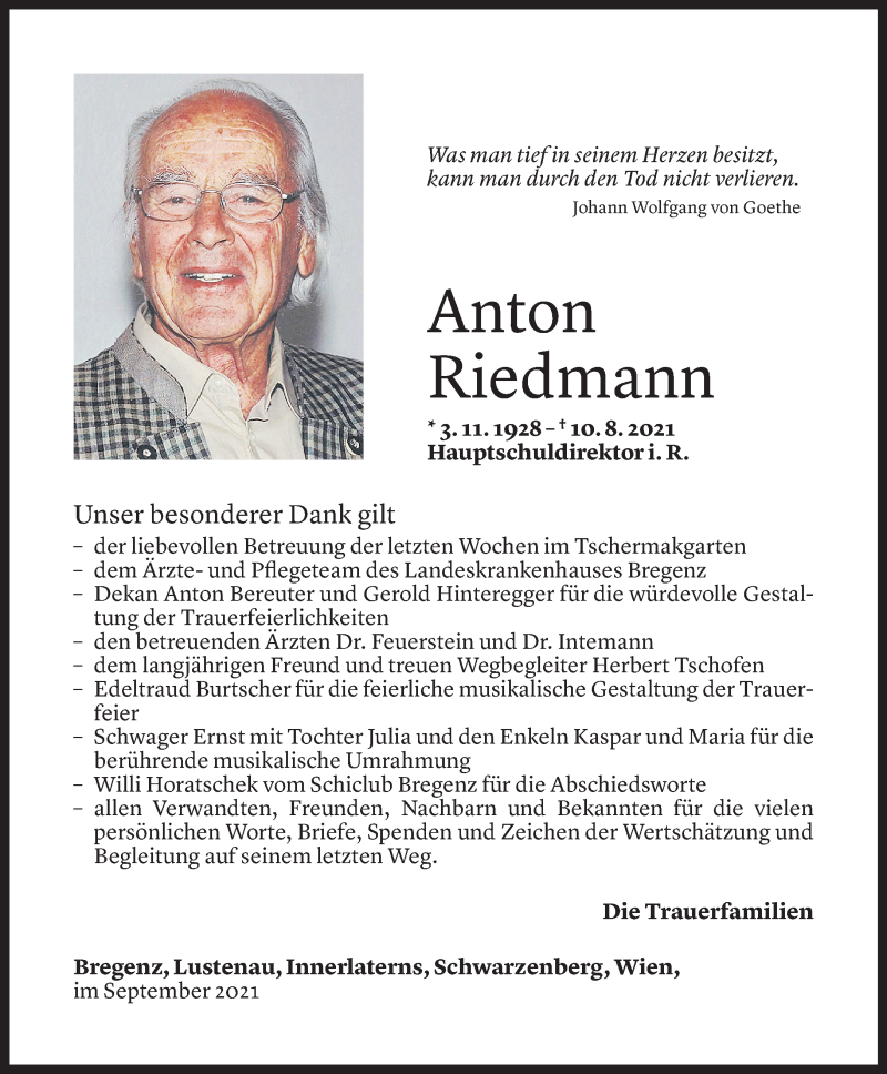  Todesanzeige für Anton Riedmann vom 03.09.2021 aus Vorarlberger Nachrichten