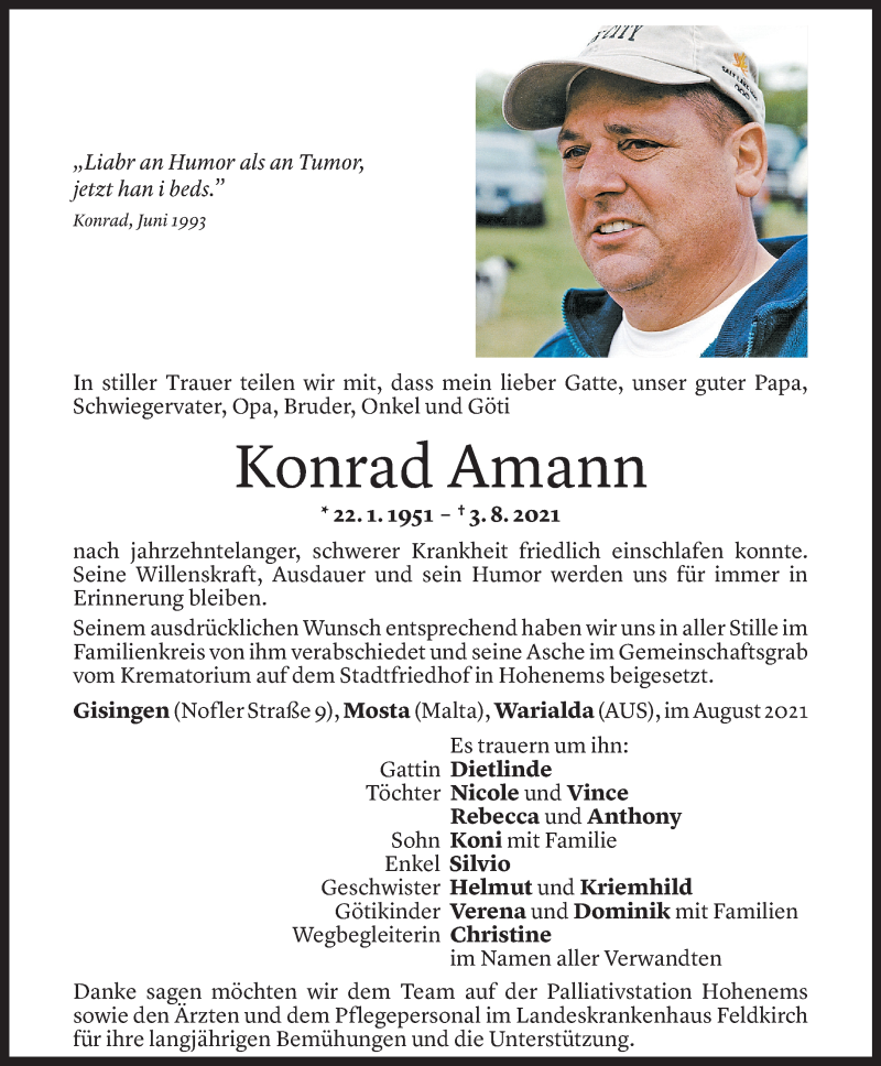  Todesanzeige für Konrad Amann vom 12.08.2021 aus Vorarlberger Nachrichten