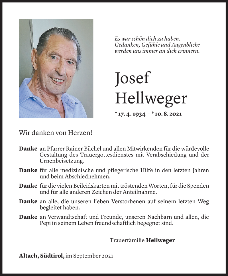  Todesanzeige für Josef Hellweger vom 01.09.2021 aus Vorarlberger Nachrichten