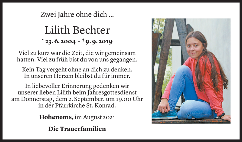  Todesanzeige für Lilith Bechter vom 31.08.2021 aus Vorarlberger Nachrichten