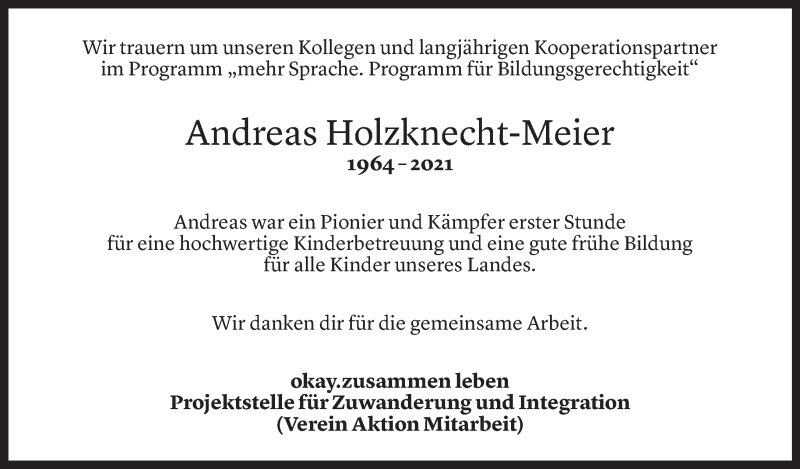  Todesanzeige für Andreas Holzknecht-Meier vom 22.08.2021 aus Vorarlberger Nachrichten