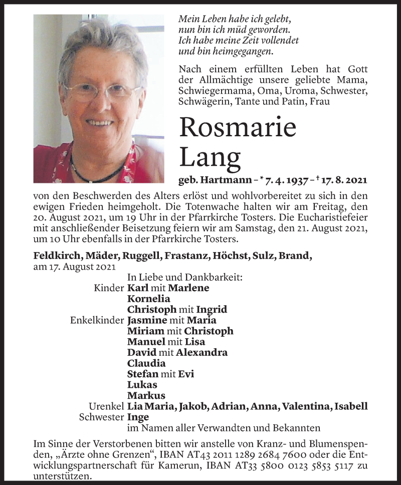  Todesanzeige für Rosmarie Lang vom 18.08.2021 aus Vorarlberger Nachrichten